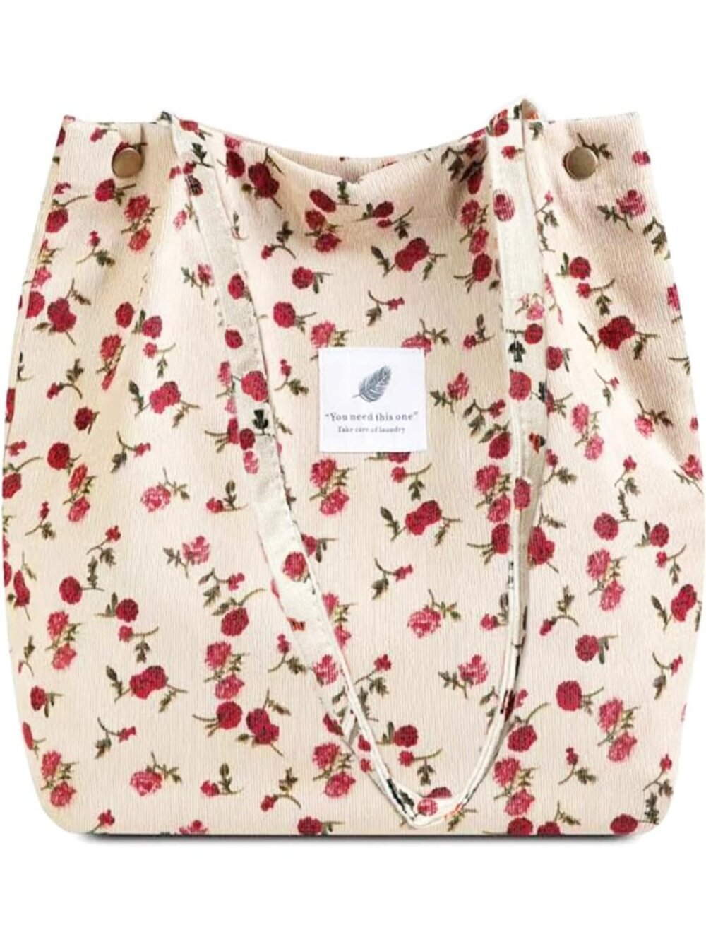 Women's Beige Rose Large Capacity Corduroy Quilted Tote Bag with Inner Pockets